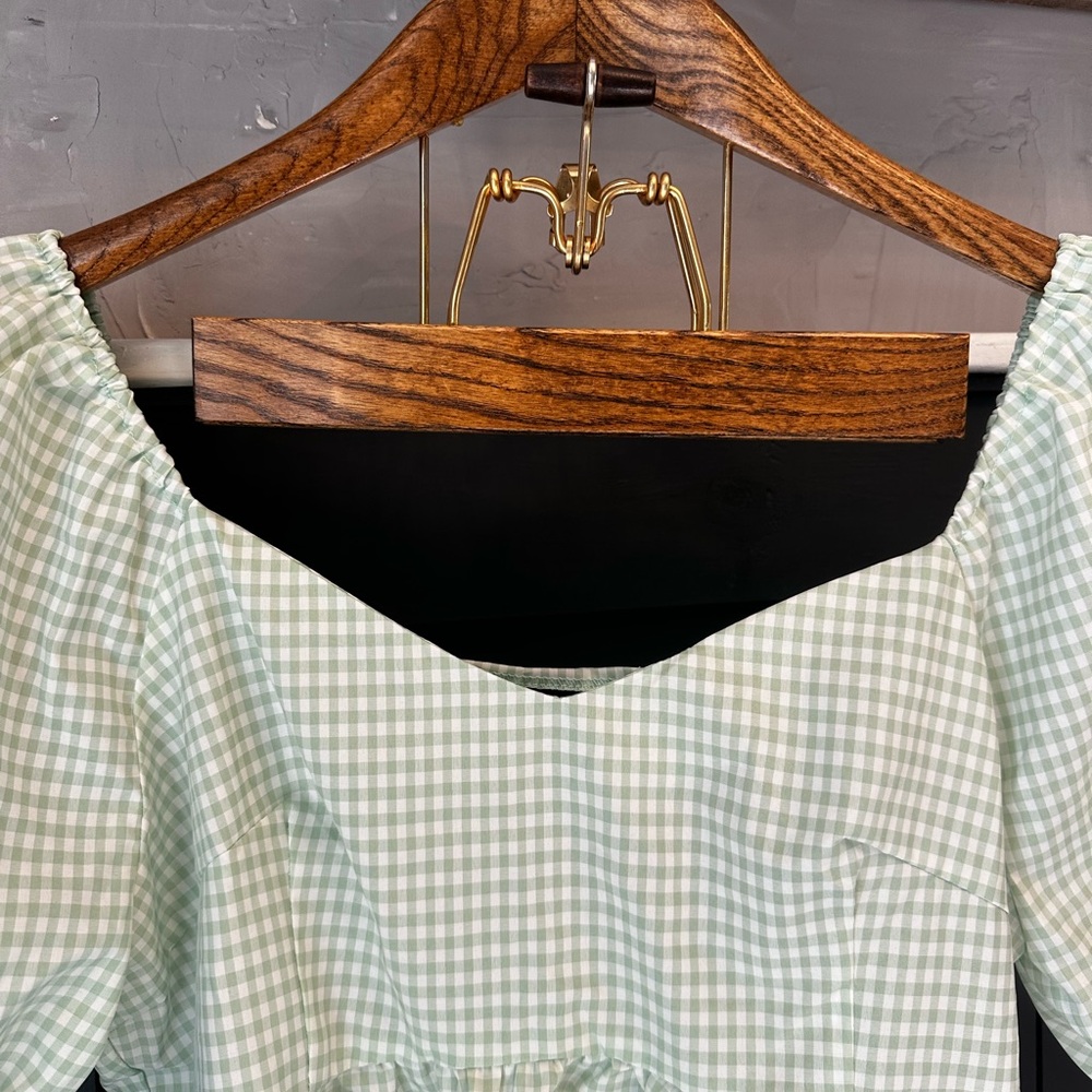 SHEIN Light Green‎ White Gingham Puff Sleeve Blouse size Large - Picture 5 of 10